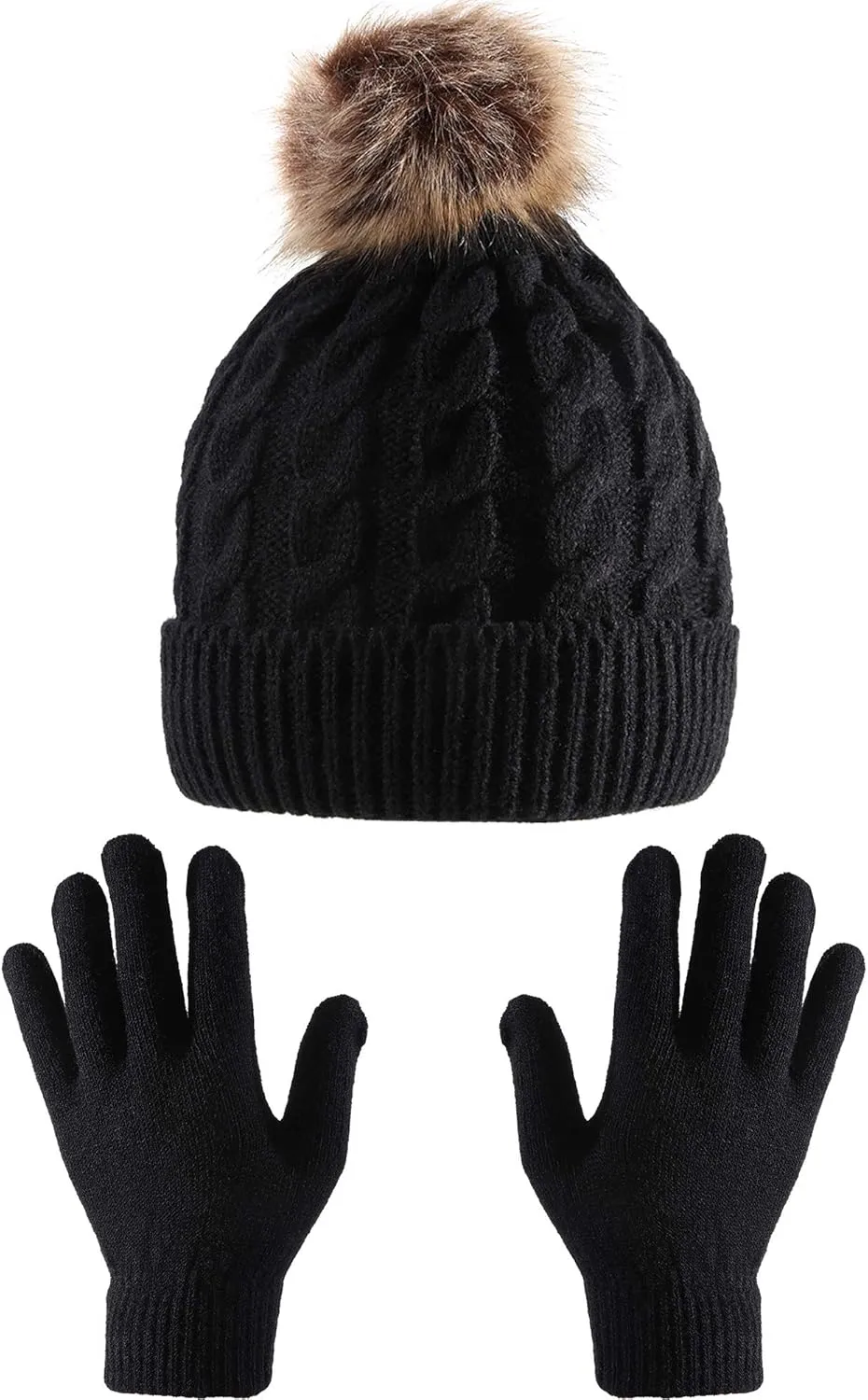 Tatuo Women Winter Knitted Beanie Hat Glove Set Faux Fur Pom Slouchy Hat and Full Finger Knitted Gloves