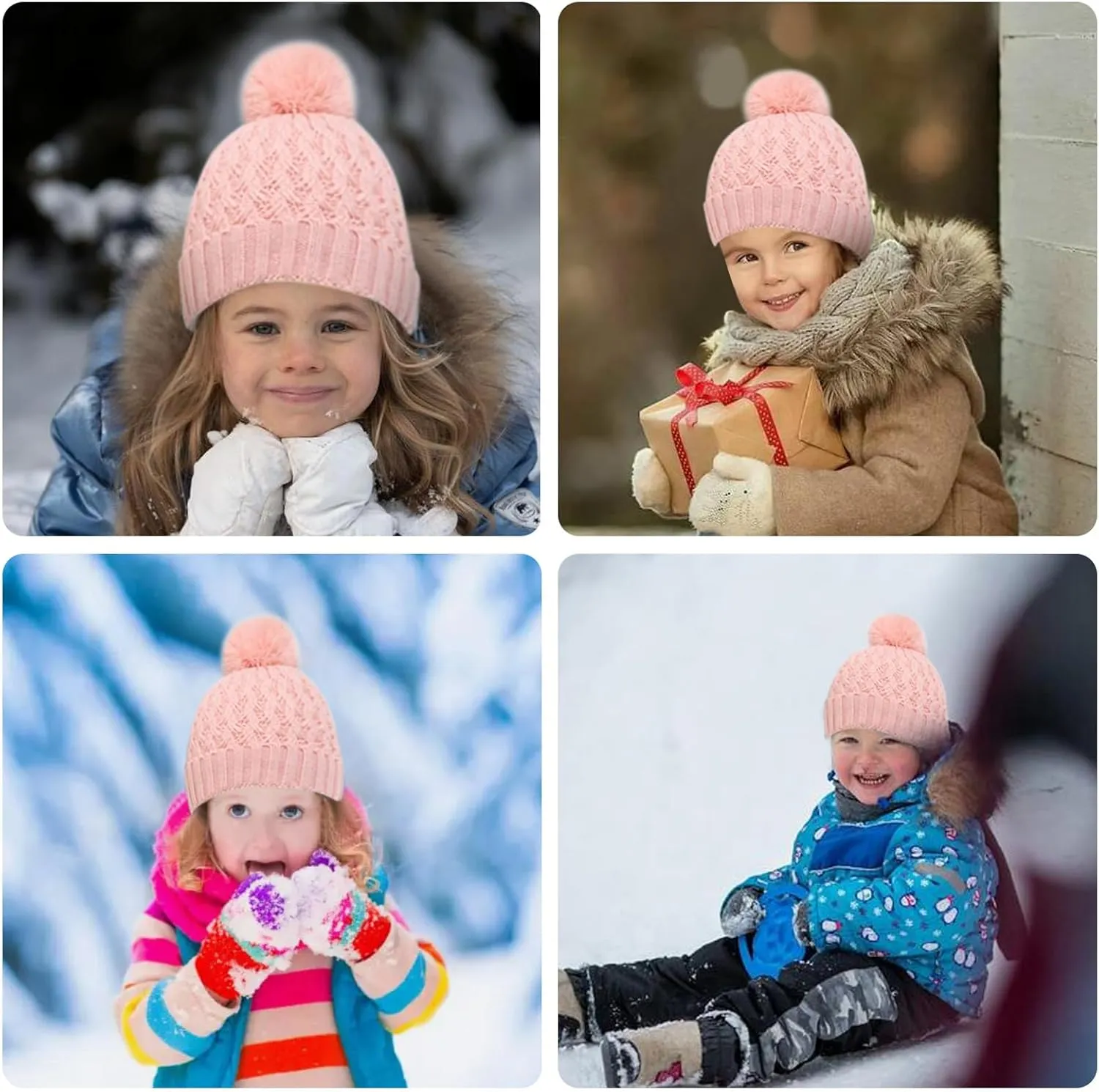 Toddler Winter Beanie Hat Gloves Set for Girls Boys Knit Pompom Hats Fleece Lined Skull Ski Cap Sets 1-6 Years