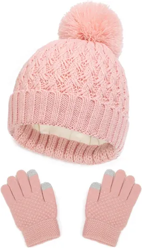 Toddler Winter Beanie Hat Gloves Set for Girls Boys Knit Pompom Hats Fleece Lined Skull Ski Cap Sets 1-6 Years