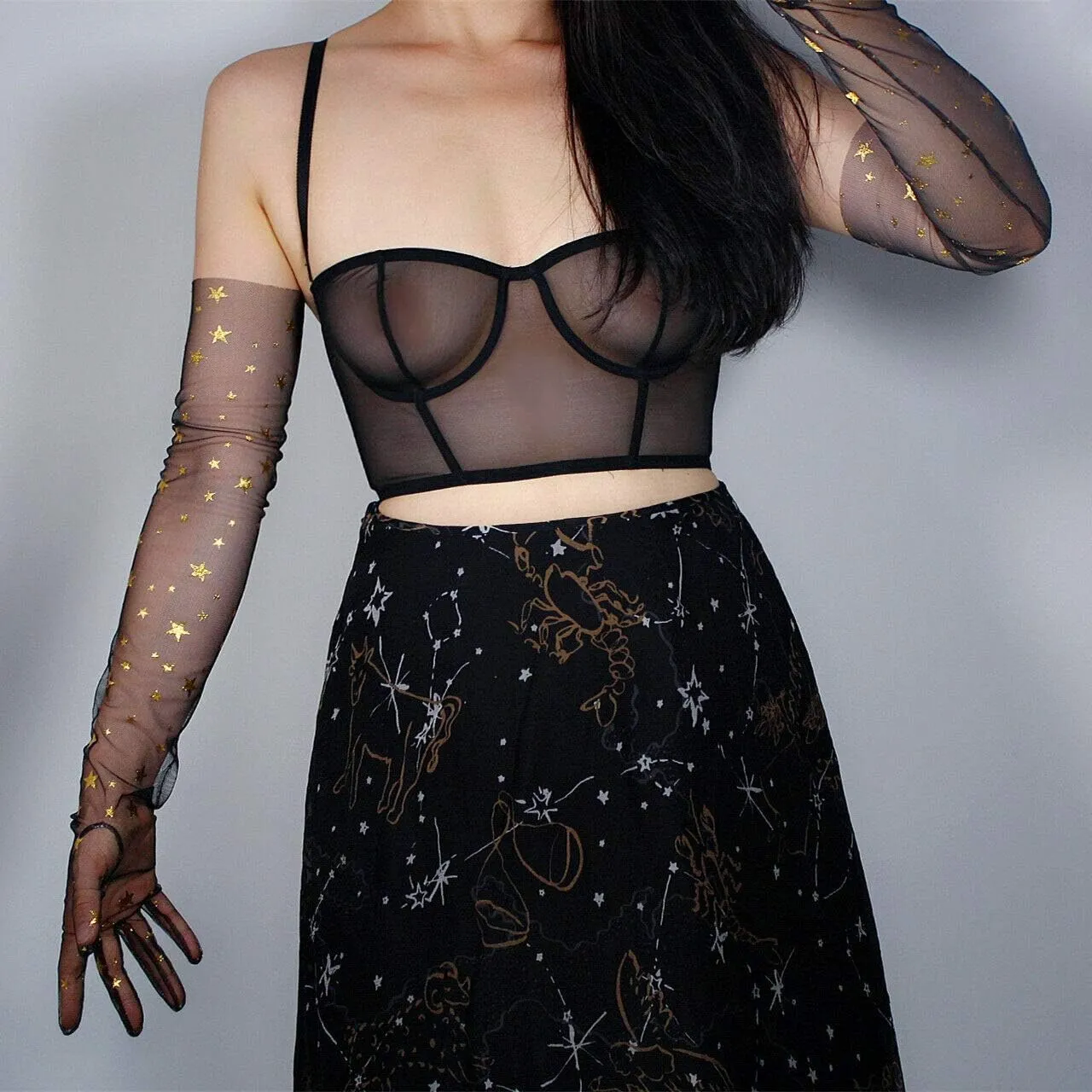 Tulle Long Gloves Lace Black Semi Sheer TECH Touchscreen Bridal 70cm Gold Stars