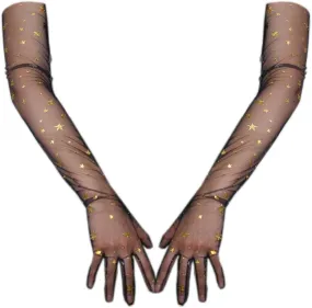 Tulle Long Gloves Lace Black Semi Sheer TECH Touchscreen Bridal 70cm Gold Stars