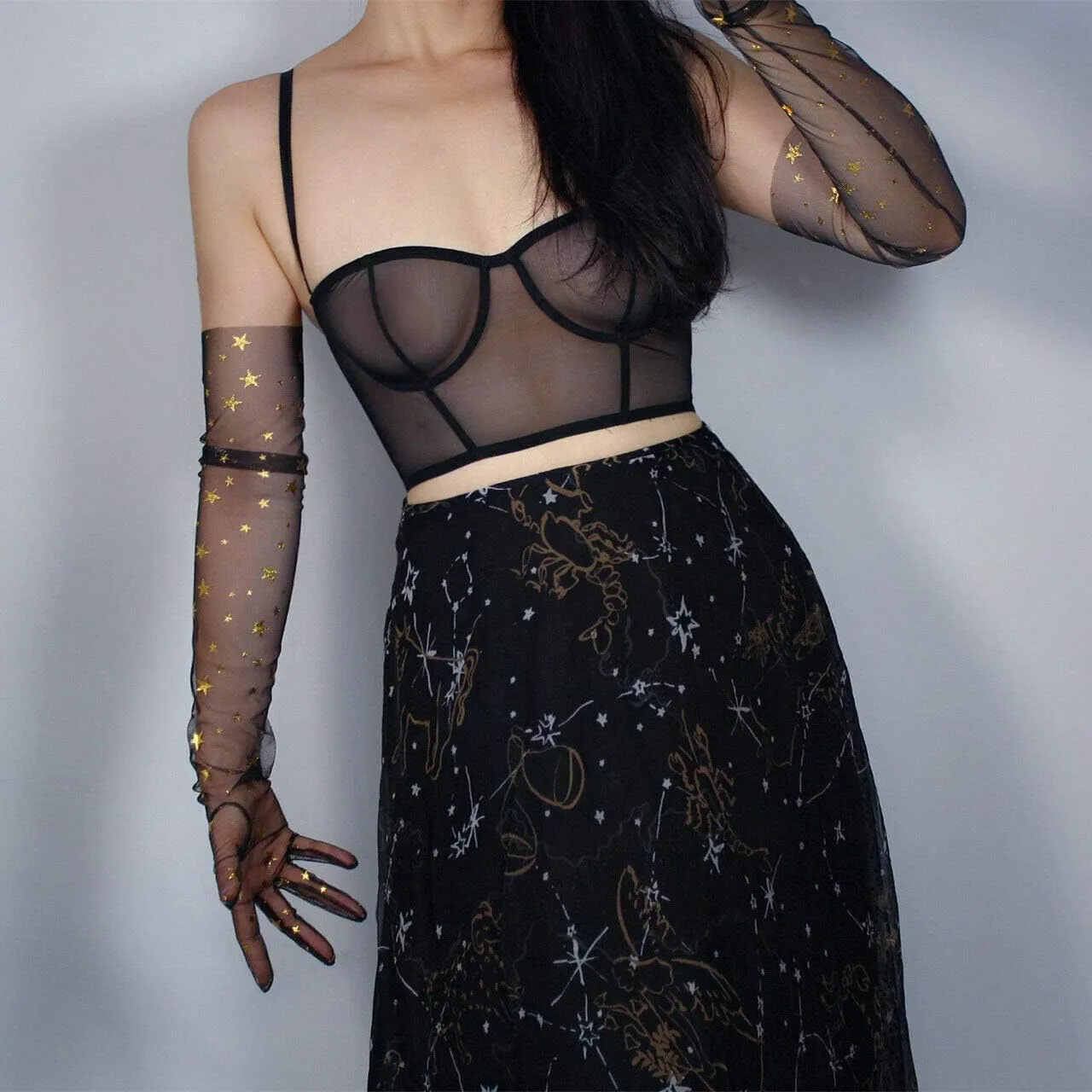 Tulle Long Gloves Lace Black Semi Sheer TECH Touchscreen Bridal 70cm Gold Stars
