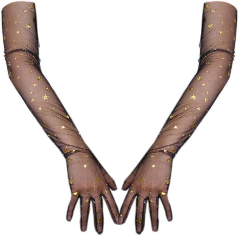 Tulle Long Gloves Lace Black Semi Sheer TECH Touchscreen Bridal 70cm Gold Stars