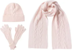 Villand Women's 3 Piece 100% Pure Cashmere Scarf Hat & Gloves Set, Cable Knitted Winter Set with Gift Box