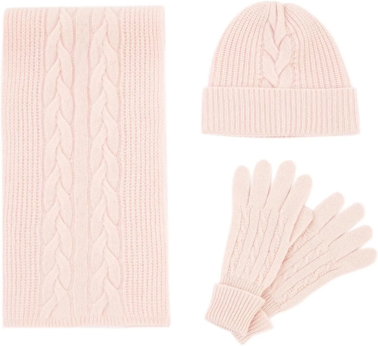 Villand Women's 3 Piece 100% Pure Cashmere Scarf Hat & Gloves Set, Cable Knitted Winter Set with Gift Box