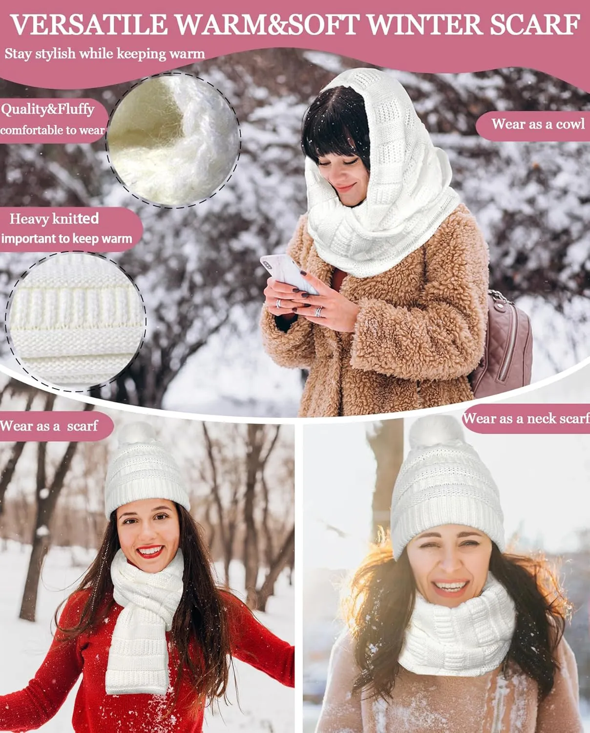 Winter Beanie Hat Scarf Glove Set for Women Pom Pom Soft Warm Knit Infinity Neck Circle Scarf Hat Touch screen Gloves Gift