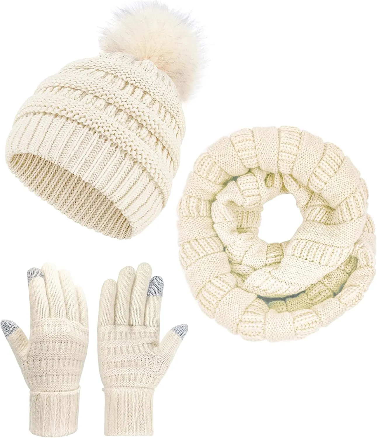 Winter Beanie Hat Scarf Glove Set for Women Pom Pom Soft Warm Knit Infinity Neck Circle Scarf Hat Touch screen Gloves Gift