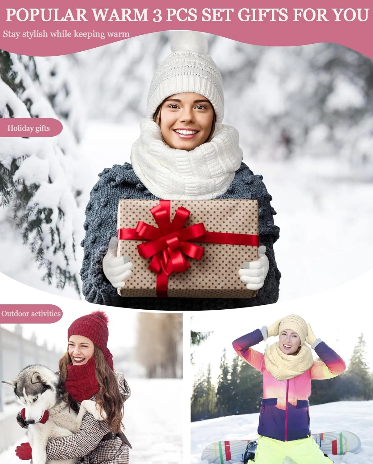 Winter Beanie Hat Scarf Glove Set for Women Pom Pom Soft Warm Knit Infinity Neck Circle Scarf Hat Touch screen Gloves Gift
