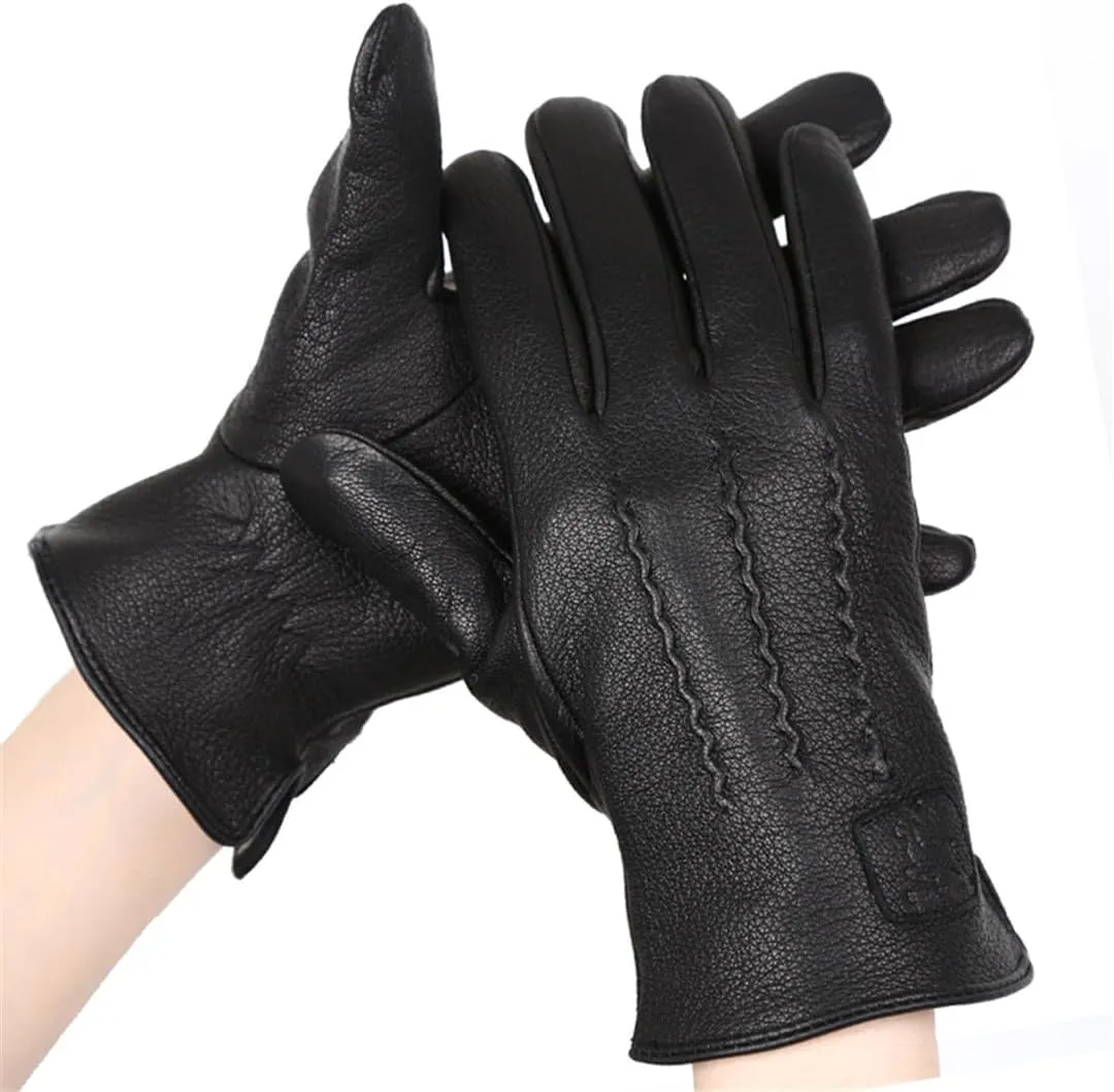 Winter Men's Deerskin Leather Gloves Soft Warm Wool Lining Black Leather Gloves