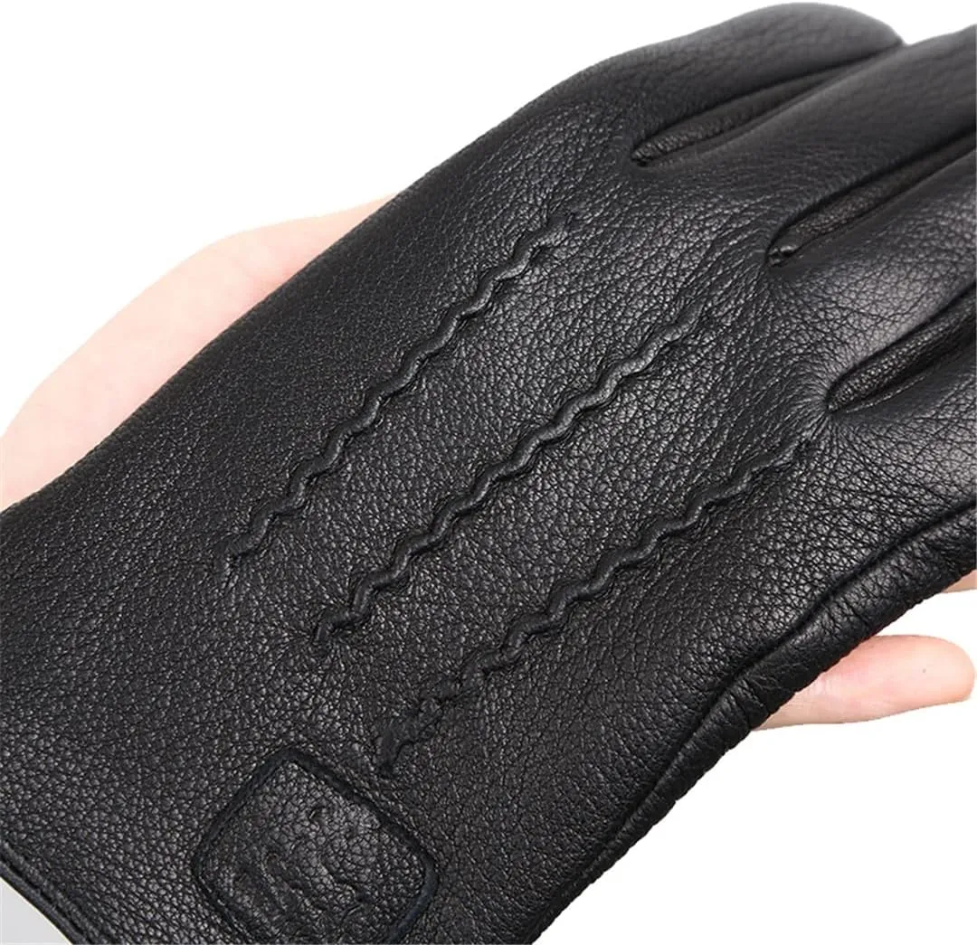 Winter Men's Deerskin Leather Gloves Soft Warm Wool Lining Black Leather Gloves