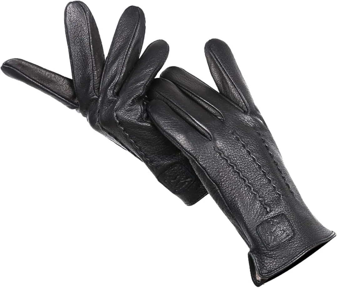 Winter Men's Deerskin Leather Gloves Soft Warm Wool Lining Black Leather Gloves