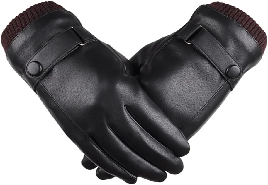 Winter PU Leather Gloves For Men, Soft Warm Lining Full Hand Touchscreen, Driving Motorcycle Gloves Plush Coral Fleece Lining for Outdoors Activities