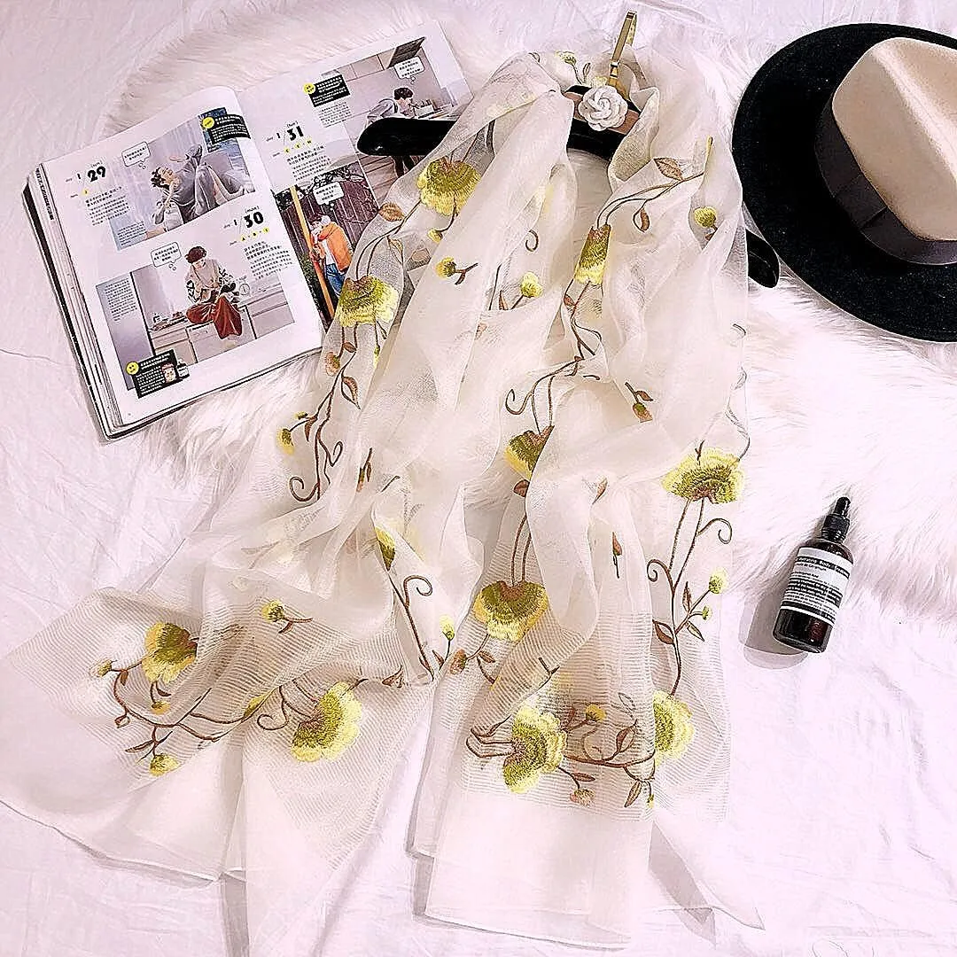 Women Exquisite Silk&Wool Mixed Embroidered Scarf Headwrap Shawl