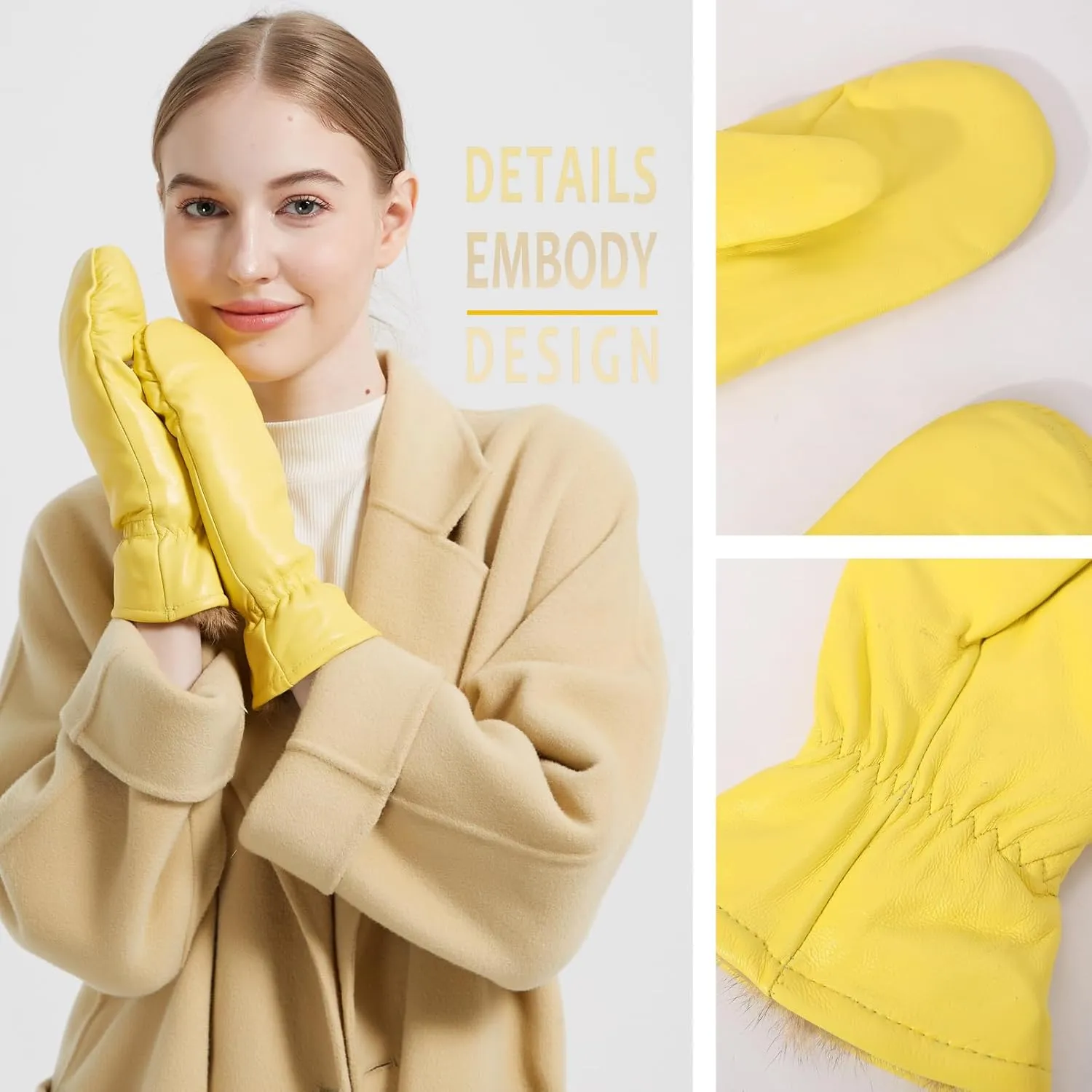 Women Leather Mittens Finger Rabbit fur Lining Winter Sheepskin Soft and Warm
