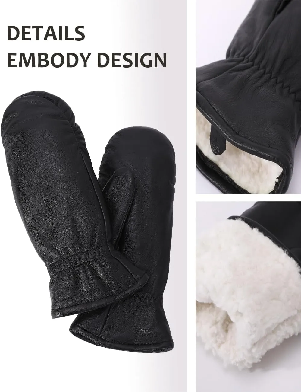 Women Leather Mittens Finger Rabbit fur Lining Winter Sheepskin Soft and Warm