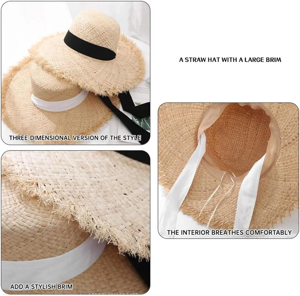 Women Sun Straw Hat Wide Brim Summer Hat Foldable Floppy Beach Hat for Wide Brim Straw Hat Beach Straw Hat Ribbon Hat