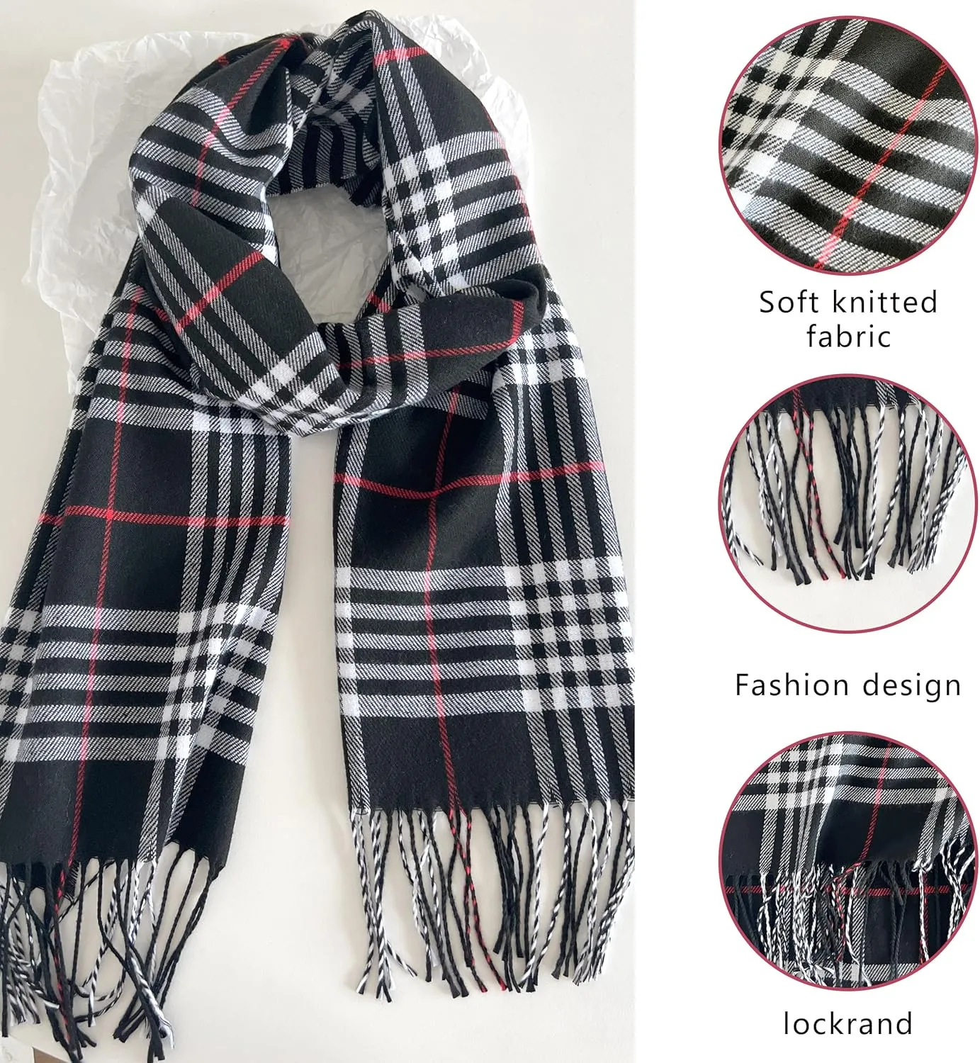 Women's Scarf Classic Tassel Plaid Super Soft Classic Cashmere Feel Fall Winter Scarves Tartan Warm Chunky Wrap Shawl
