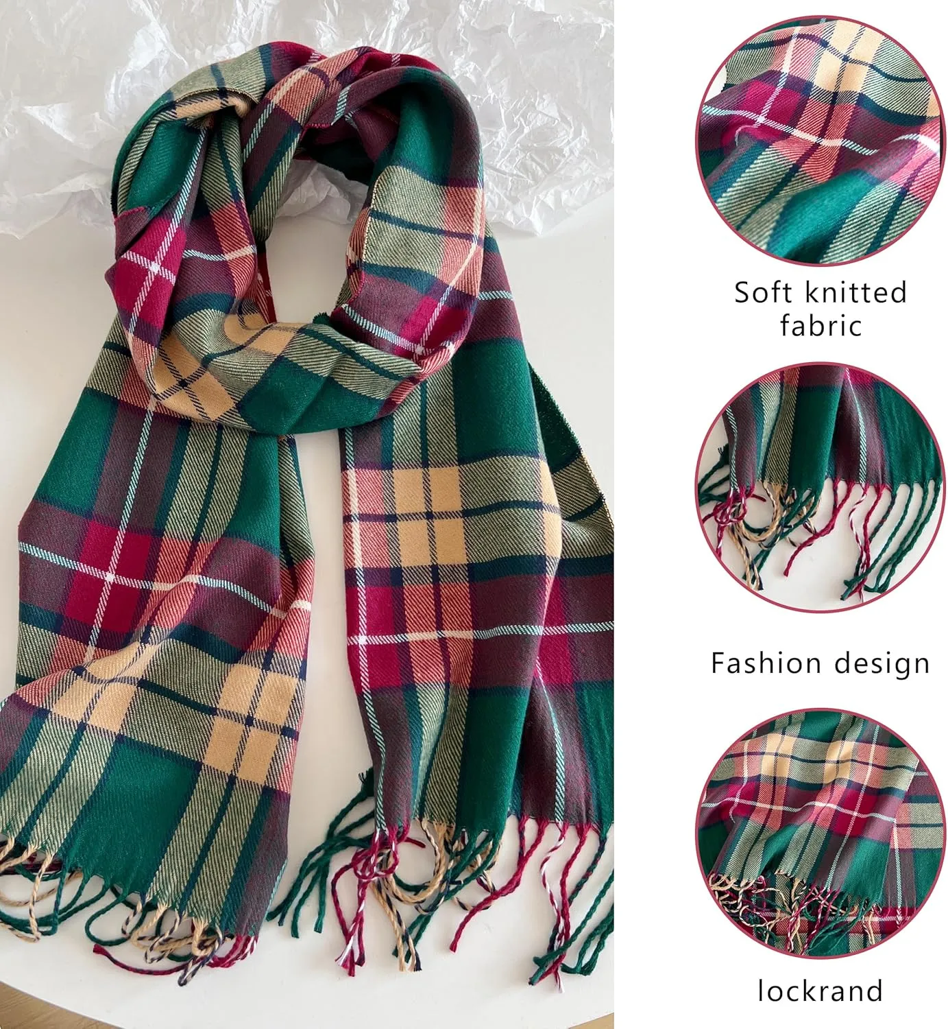 Women's Scarf Classic Tassel Plaid Super Soft Classic Cashmere Feel Fall Winter Scarves Tartan Warm Chunky Wrap Shawl