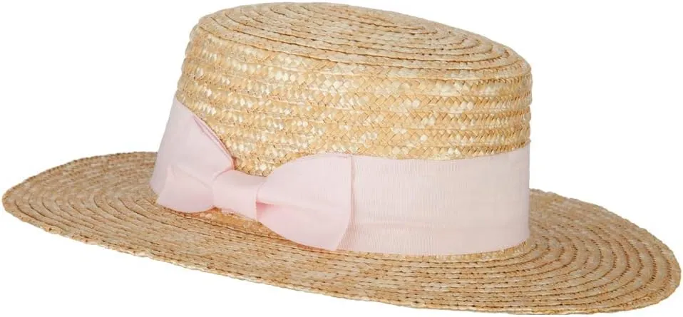Women's Straw Braid Wide Ribbon Accented Boater Hat