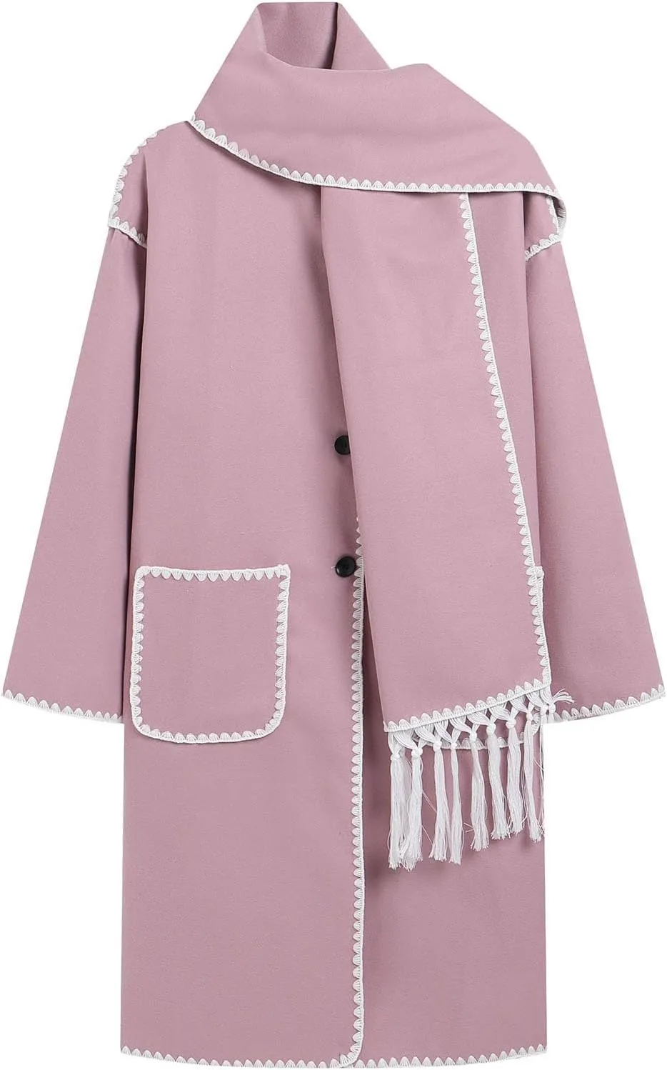 Womens Winter Wool Blend Embroidered Long Trench Jacket Oversized Button Down Warm Coat with Tassel Scarf