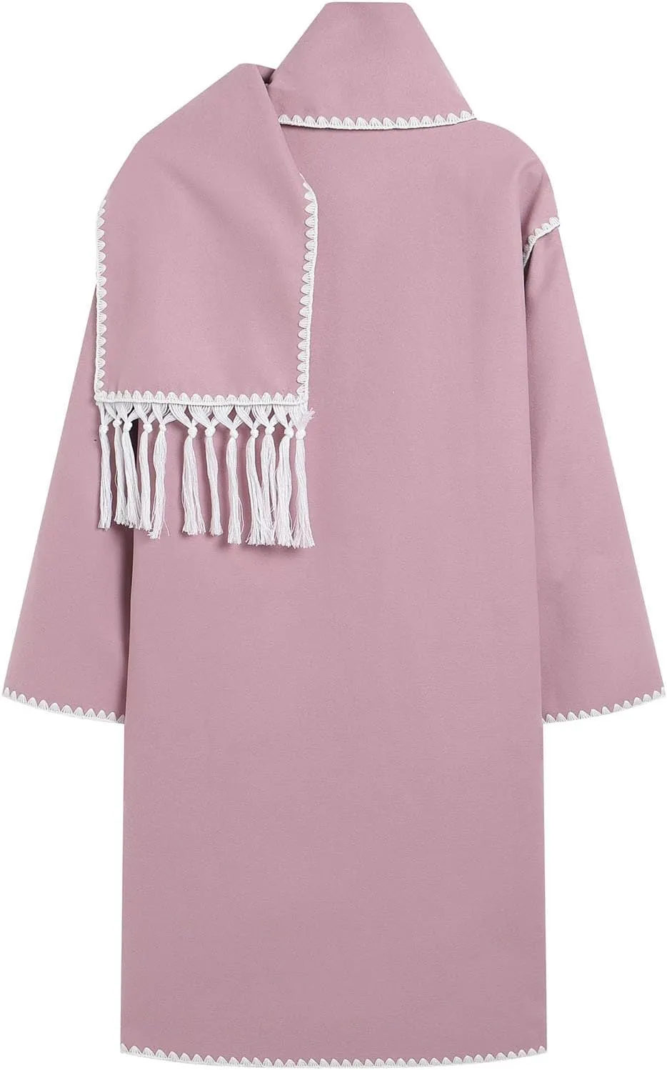 Womens Winter Wool Blend Embroidered Long Trench Jacket Oversized Button Down Warm Coat with Tassel Scarf