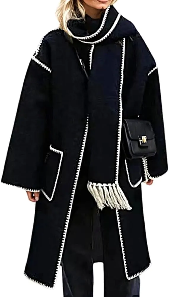 Womens Winter Wool Blend Embroidered Long Trench Jacket Oversized Button Down Warm Coat with Tassel Scarf