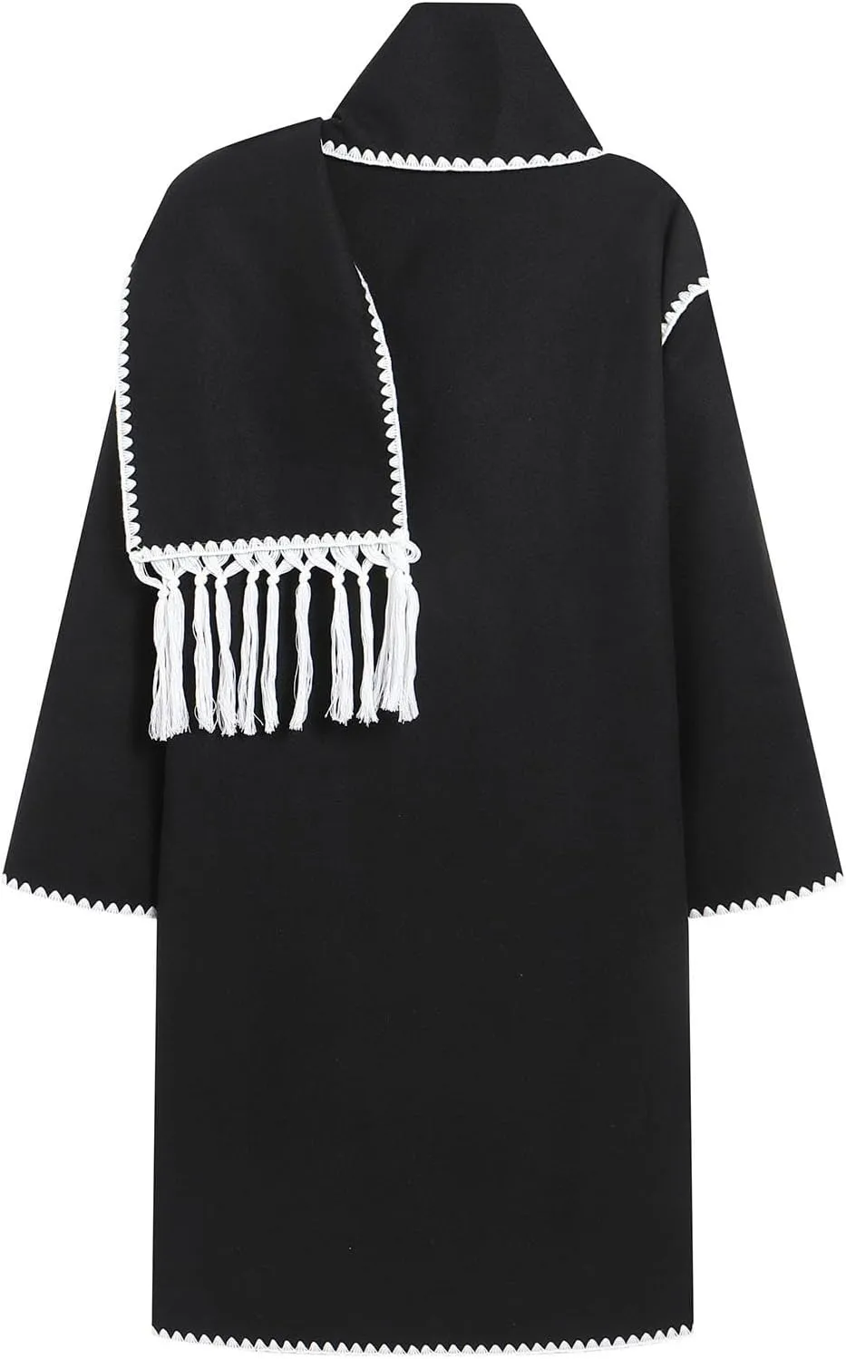 Womens Winter Wool Blend Embroidered Long Trench Jacket Oversized Button Down Warm Coat with Tassel Scarf