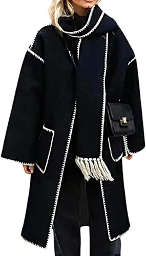 Womens Winter Wool Blend Embroidered Long Trench Jacket Oversized Button Down Warm Coat with Tassel Scarf