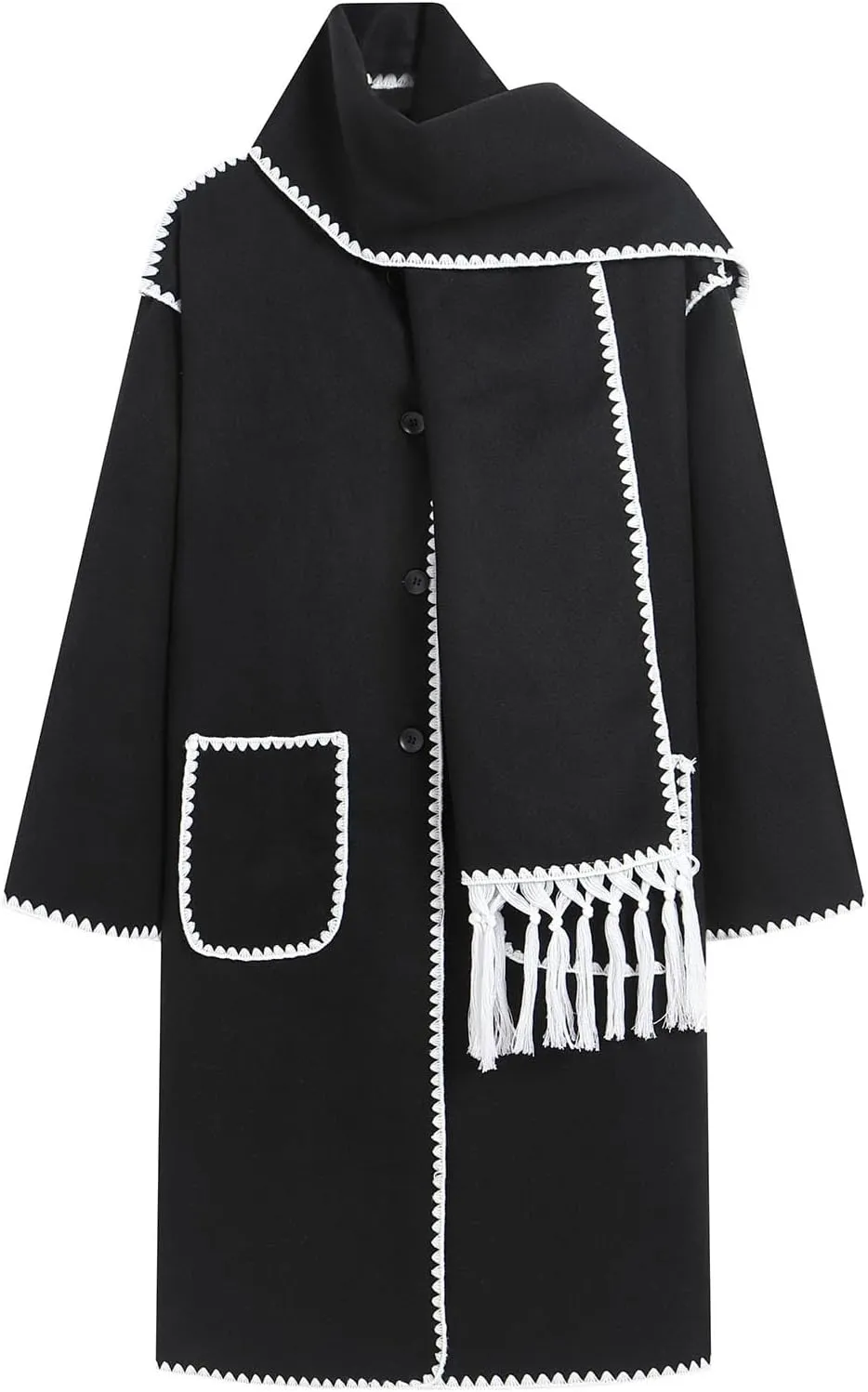 Womens Winter Wool Blend Embroidered Long Trench Jacket Oversized Button Down Warm Coat with Tassel Scarf