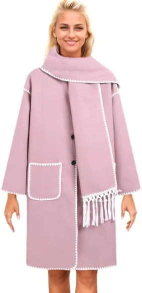 Womens Winter Wool Blend Embroidered Long Trench Jacket Oversized Button Down Warm Coat with Tassel Scarf