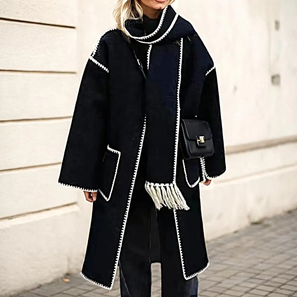 Womens Winter Wool Blend Embroidered Long Trench Jacket Oversized Button Down Warm Coat with Tassel Scarf